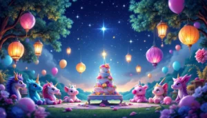 A magical fantasy-themed party with sparkling stars and large lanterns