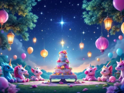 A magical fantasy-themed party with sparkling stars and large lanterns